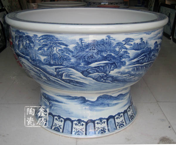 供应青花山水高脚缸，手绘陶瓷高脚缸