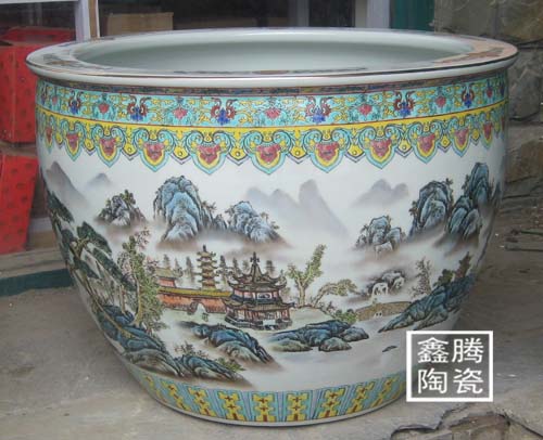 供应粉彩陶瓷大缸，粉彩山水陶瓷缸