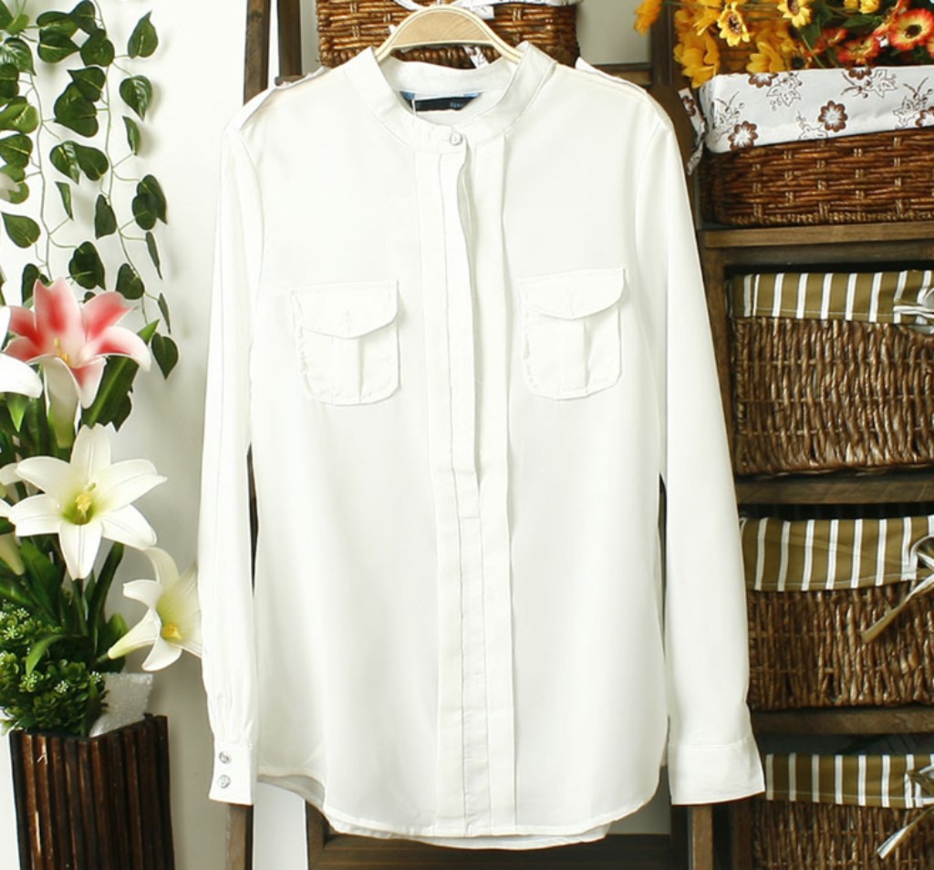供应新款韩版时尚立领单排扣双口袋常规款 女式雪纺衬衫