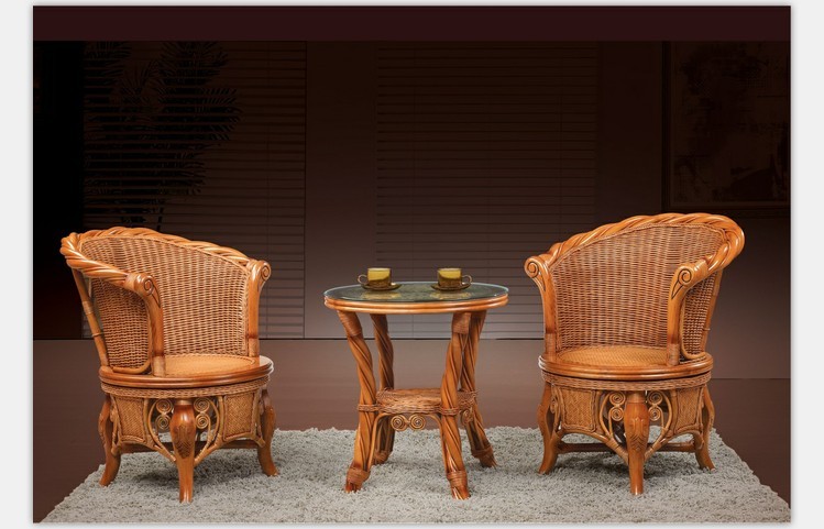江苏藤实木家具厂价直销棕色田园休闲桌椅组合三件套9005