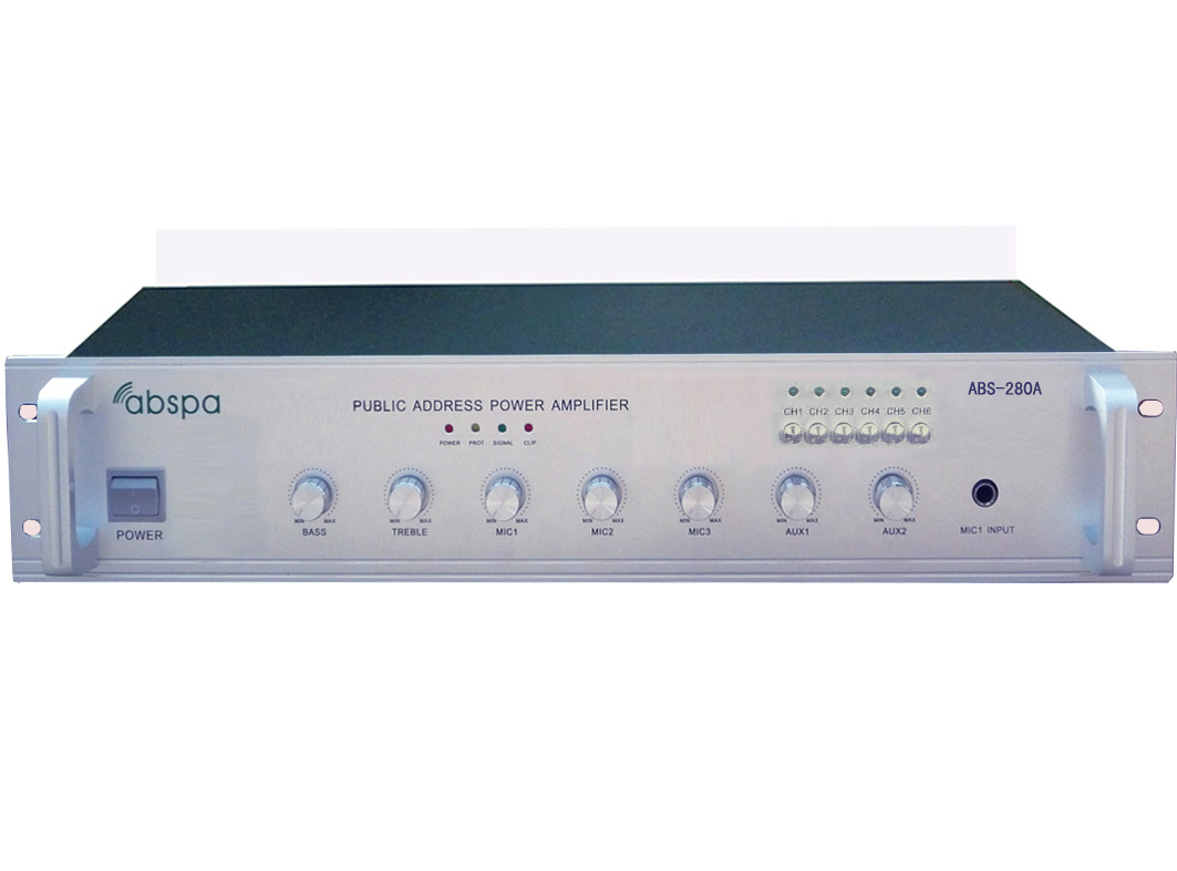 供应ABS-280UA合并功放机、公共广播MP3带六分区前置定压功放机多款多种功率可选