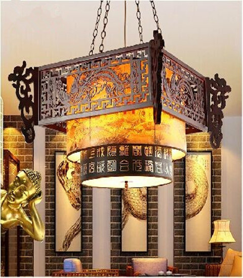 中式木艺吊灯客厅龙凤卧室酒店茶楼餐厅房间灯具工程灯饰 中式古典羊皮吊灯批发