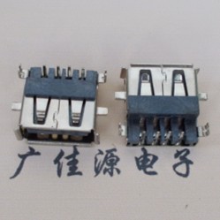 USB母座沉板式，前贴后插90度4pin端子，下沉4.9mm有卷边