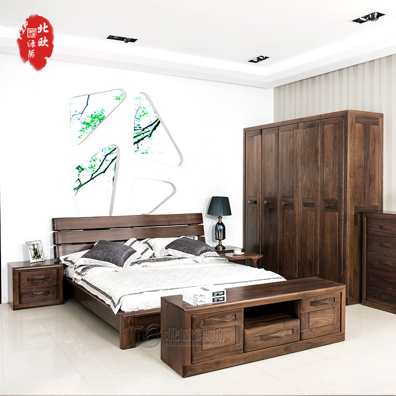 A006双人床 实木床 现代中式床 全实木床北欧绿荫