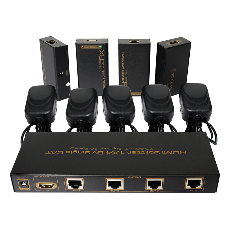 HDMI1x4分配器 60米延长器 一进四出分屏器 1080P放大器 3D