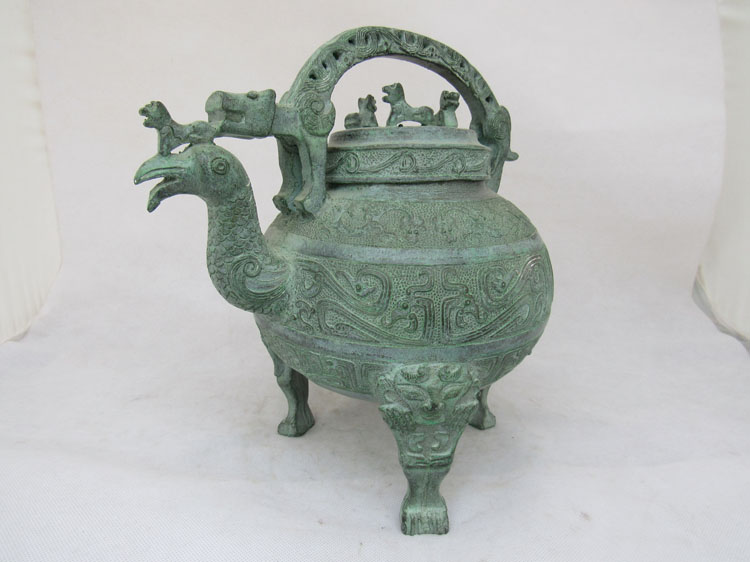 青铜鸟提梁卣 古代酒器 现代青铜器仿古工艺品 家居摆设 古玩收藏品