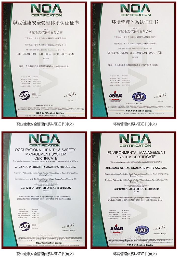 祝贺浙江唯高标准件有限公司通过职业健康安全管理体系认证和环境管理体系认证