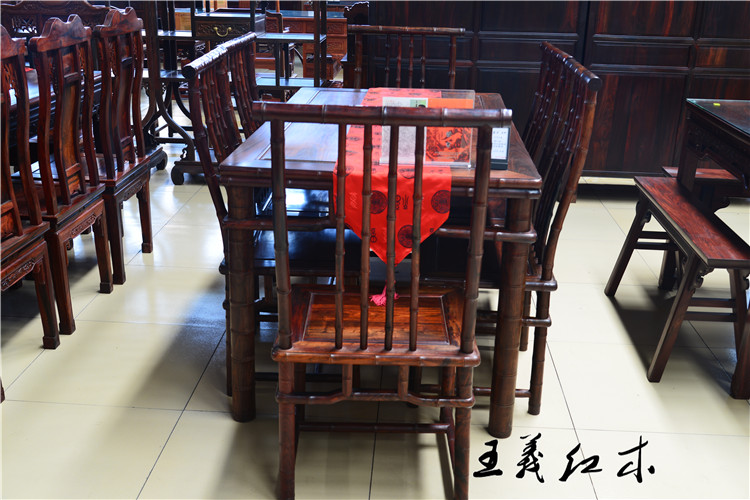 王义红木家具 红酸枝木餐桌 红木餐桌七件套价格图片
