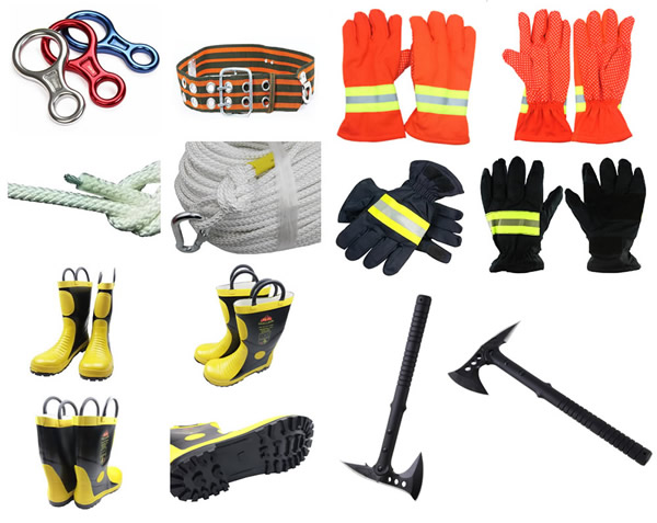 消防手套、消防靴、消防斧头、救生绳、安全腰带等消防装备