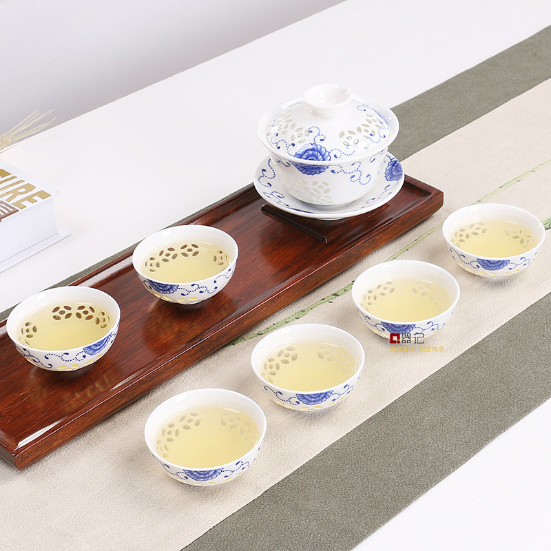青花瓷镂空茶具套装玲珑盖碗七头功夫茶具高档礼品特价YCJ05