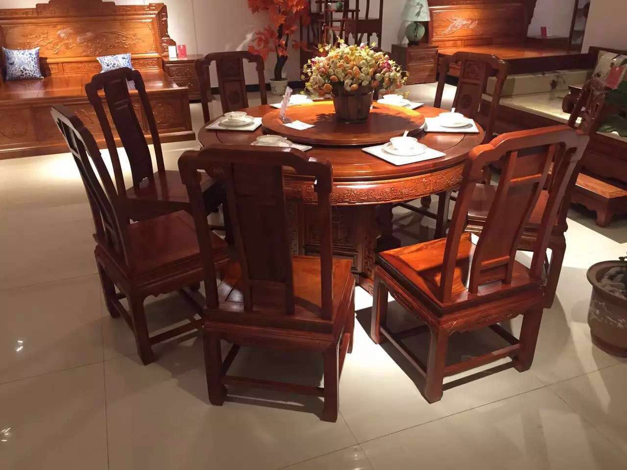 红木餐桌原木圆台圆桌，古典风中式家具