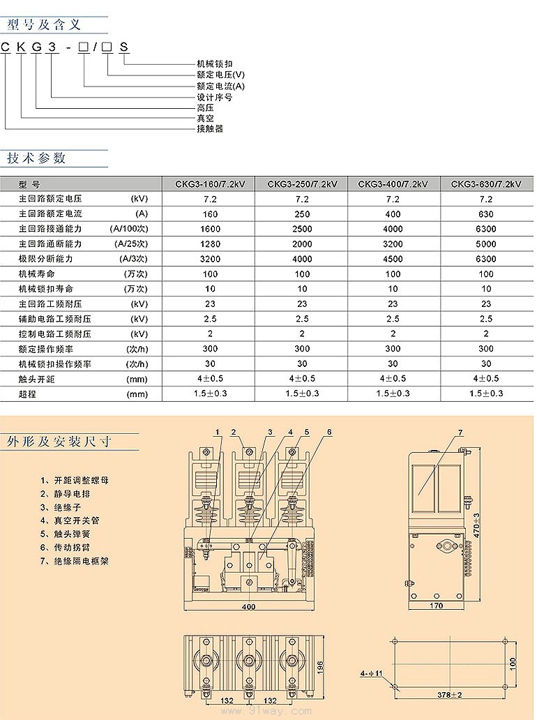 供应CKG3-160-630/7.2系列高压真空接触器厂家