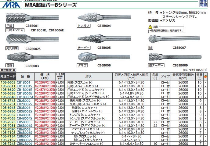 日本木村MURAKI研削研磨用品CB1B001E 6.4X13.0X3X30 较高回转数26000 质量10g