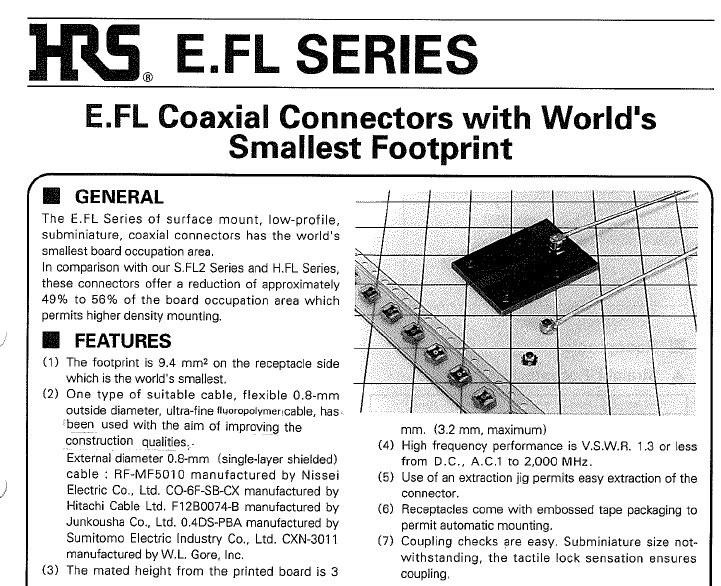 HRS E.FL系列射频线与连接器替代品