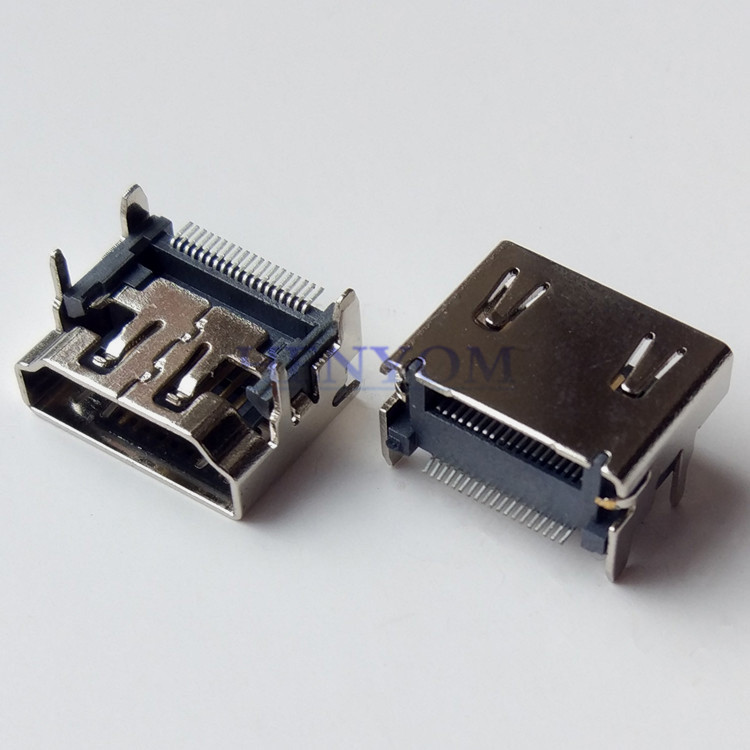 HDMI A TYPE SMT 19P母座贴片 4固定脚90度 铁壳 铜壳镀镍