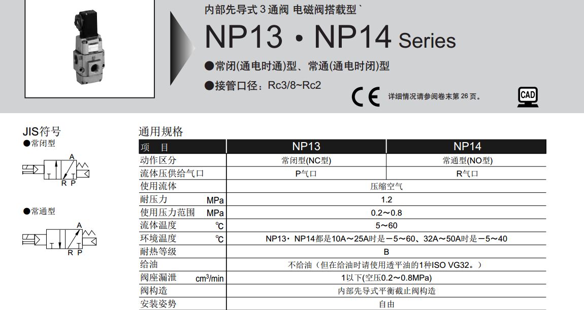 先导式3通电磁阀NP13-20A-12C-3电磁阀搭载型