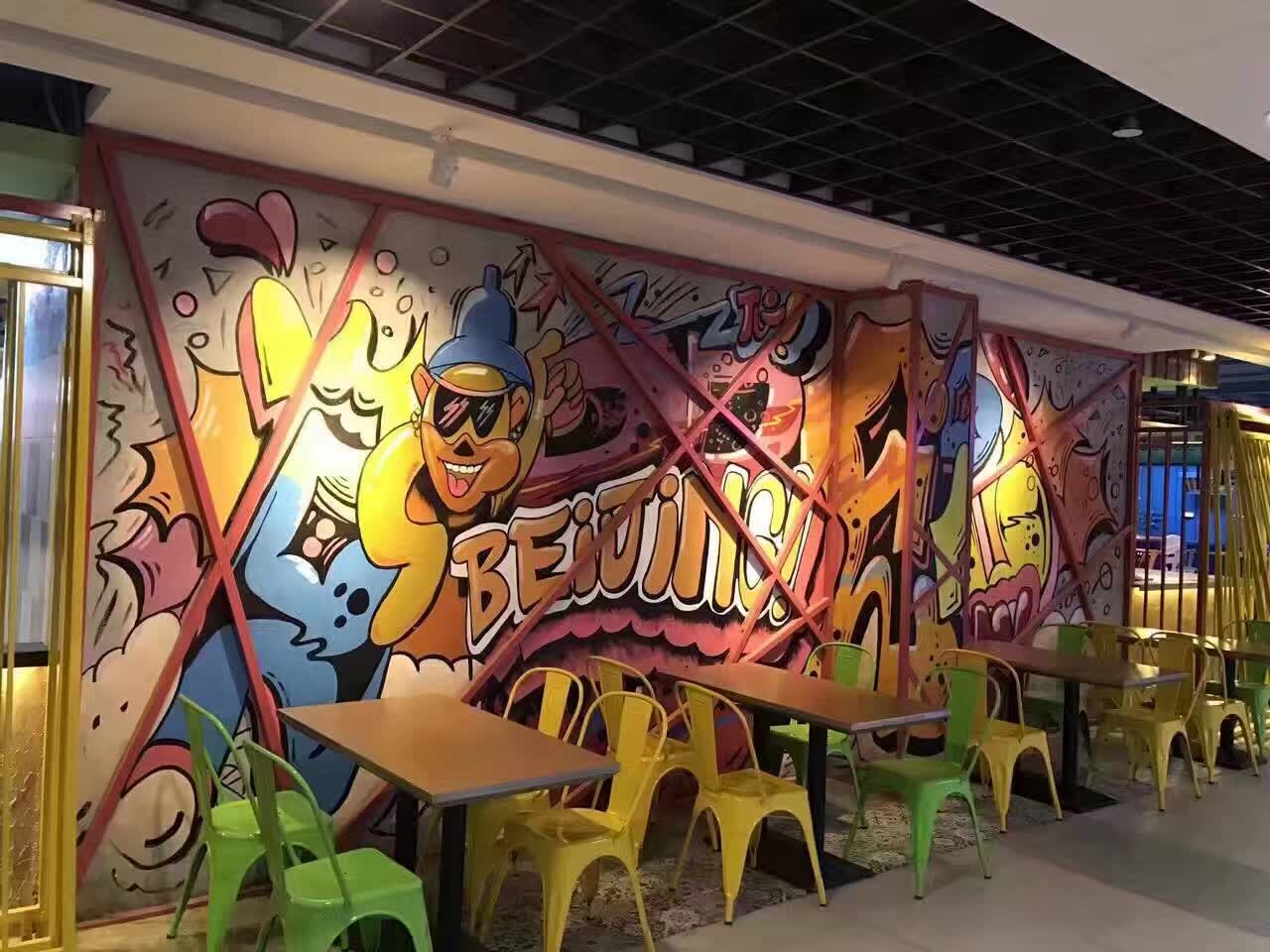 深圳简约风墙绘·食堂背景墙彩绘·环保标志语手绘·追梦墙绘