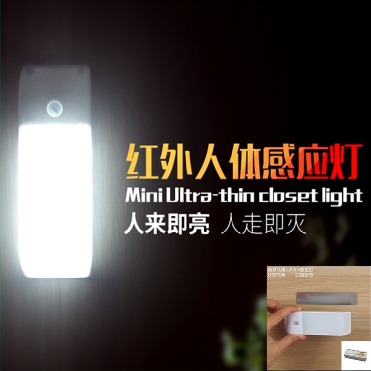 外贸新品LED感应灯人体红外小夜灯橱柜灯衣柜灯智能产品新奇特12led光控人体感应私模
