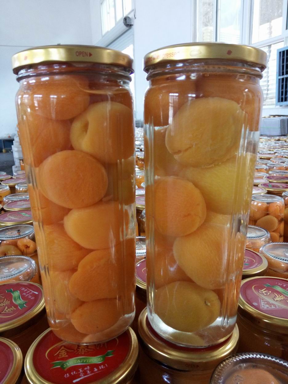 厂家批发960g金泰沂甜杏纯糖玻璃瓶水果罐头