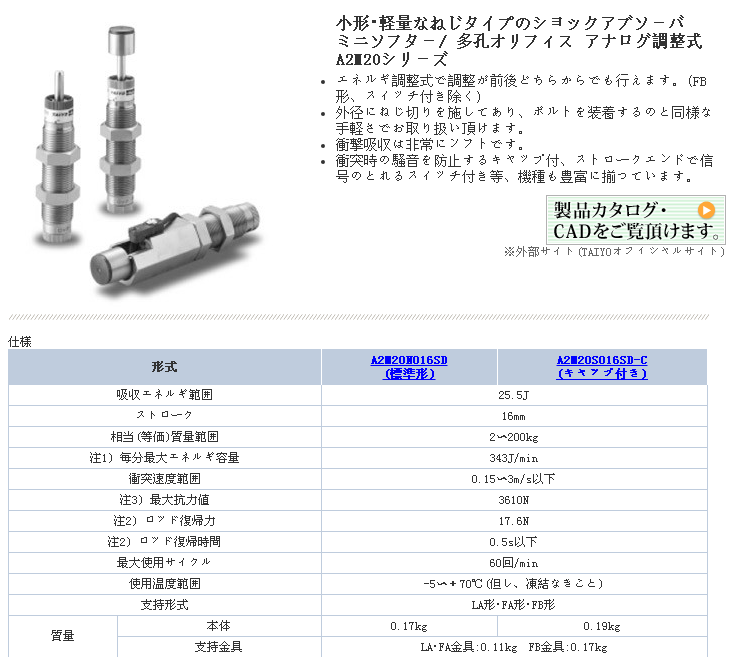 日本原装进口TAIYO太阳铁工缓冲器型号A2M20N016SD