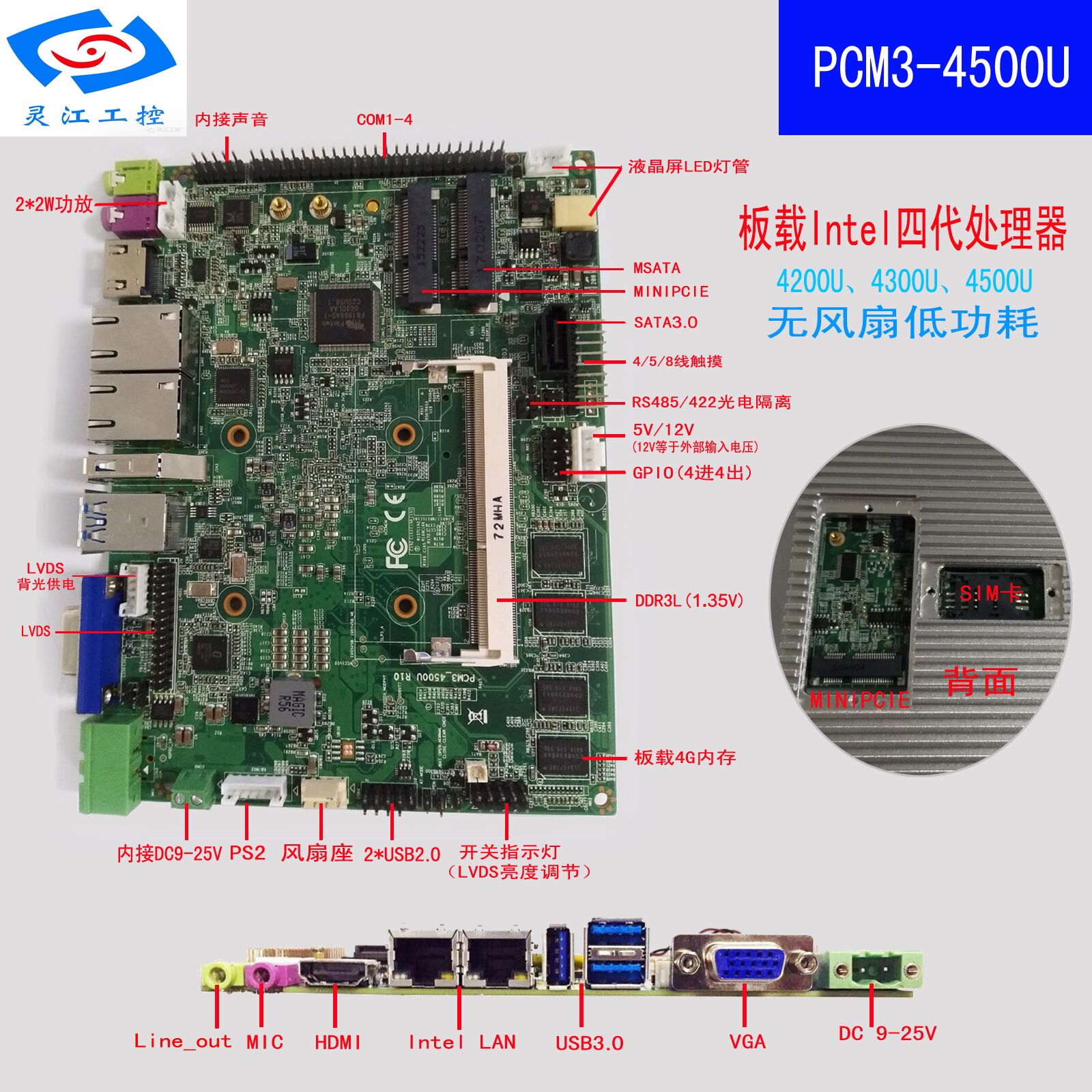 灵江工控 PCM3-4500U 支持Intel *四代Haswell_U I5 I7 主板