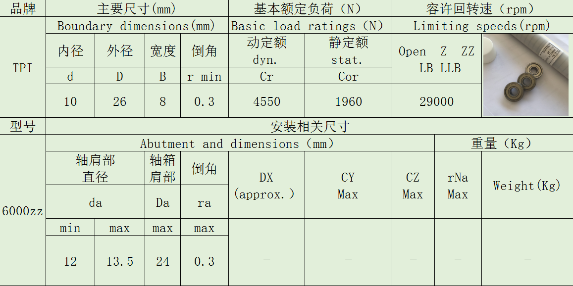 中国台湾TPI轴承6000ZZ精密高精度电机**深沟球轴承