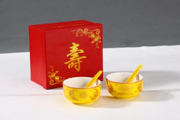 骨瓷寿碗 红釉 福寿碗带勺 祝贺寿礼 回礼带包装 寿碗定制