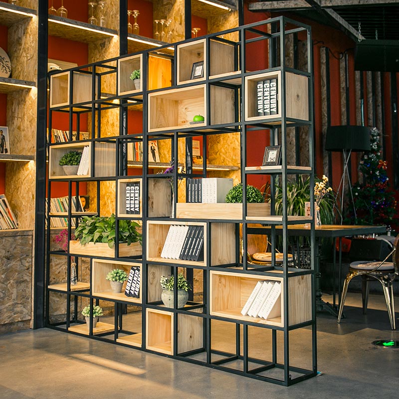 美式家具铁艺咖啡厅实木格子书柜 LOFT展示架