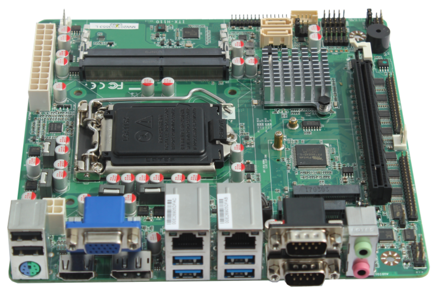 ITX主板H110 ，支持VGA+HDMI+DP+LVDS）显示，PCIEx16接口，10个串口，10个USB，intel双千兆网口，PS2接口，3个MINI-PCIE,2个SATA3