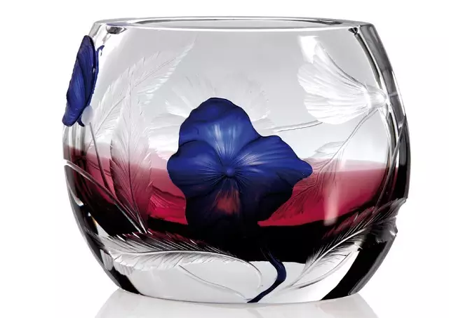 烟台水晶Pansy 8694，手工切割的套色雕刻花瓶