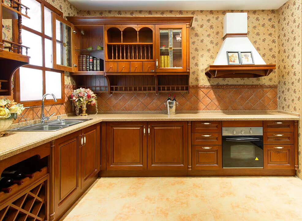 广州全屋定制实木整体橱柜定做樱桃木欧式美式整体厨柜 厨房橱柜定做