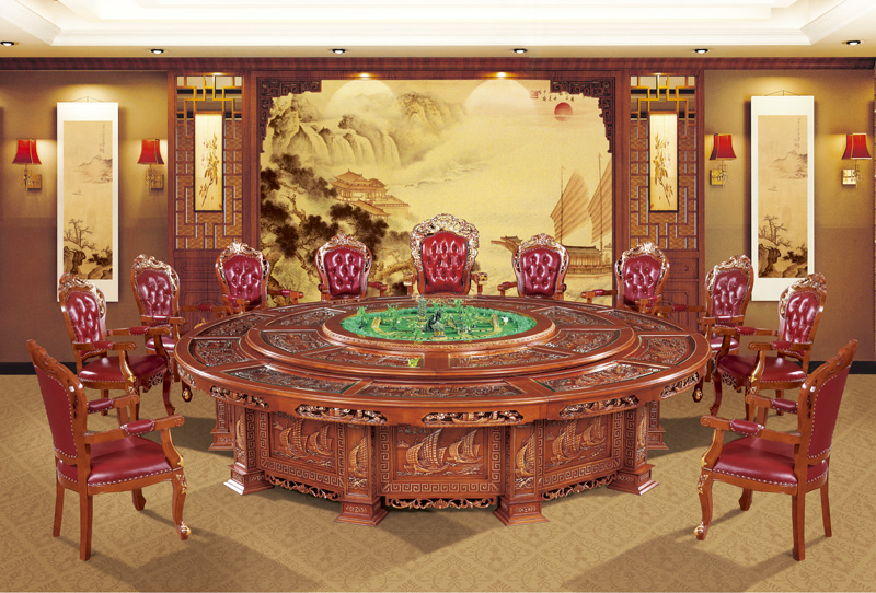 千嘉新中式酒店家具经典豪华电动餐桌火锅桌