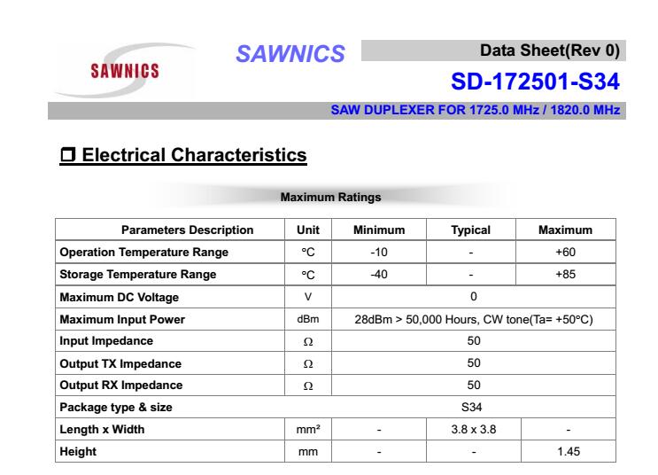 声表双工器 SD-172501-S34 SAWNICS