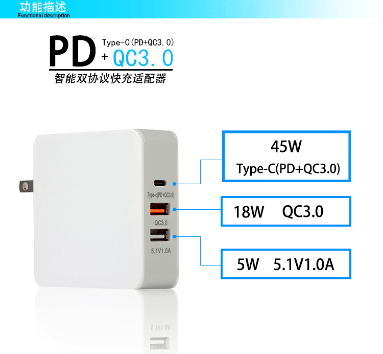68w智能PD协议充电器QC3.0Type-C充电头电脑适配器