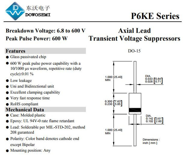 P6KE6.8CA双向TVS管采购，东沃电子，现货供应
