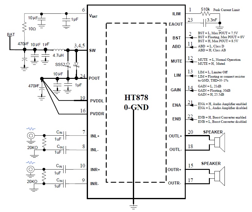 HT878和HT878T可任意限幅单节锂电池内置自适应升压8W双声道音频功放IC