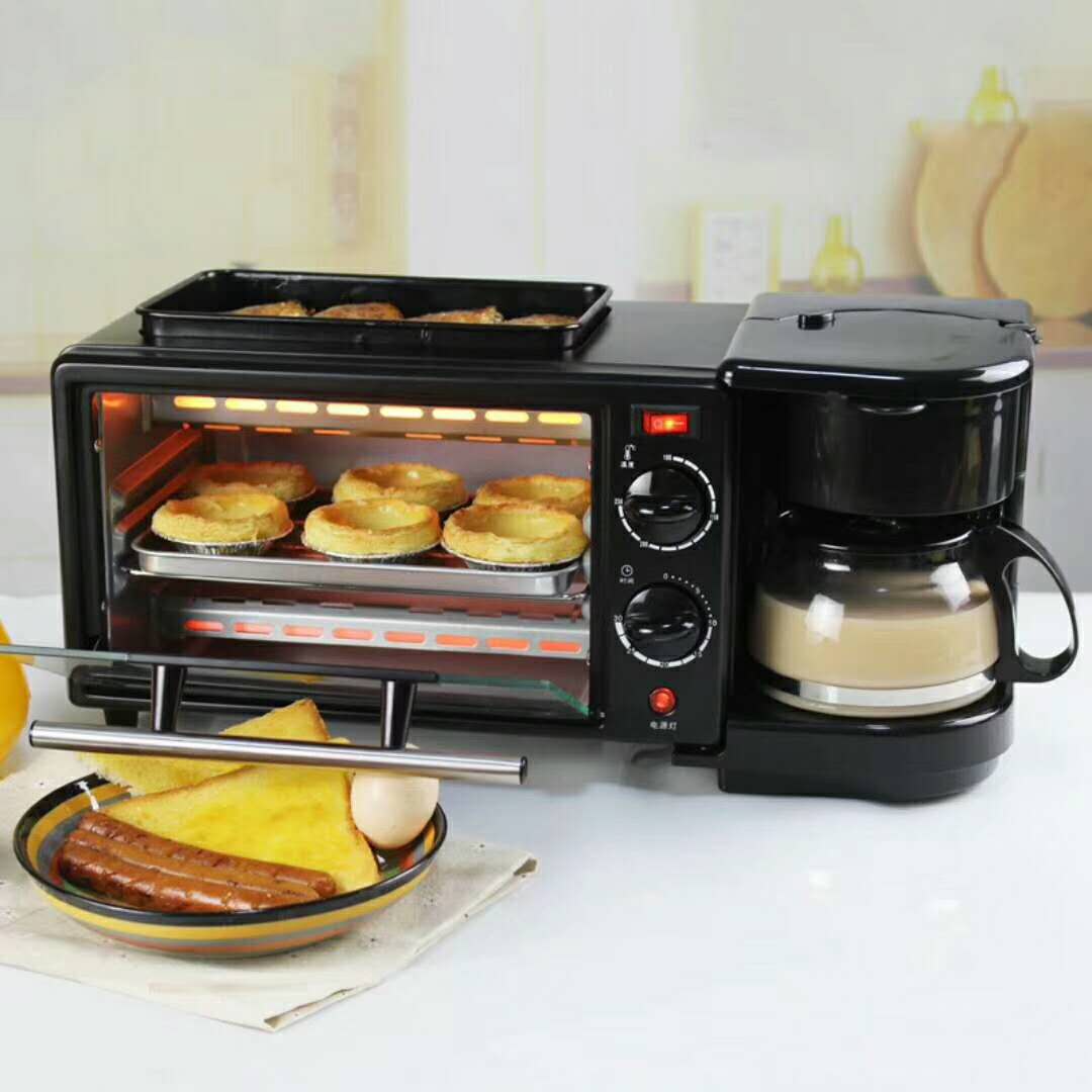 电烤箱+咖啡机+电烤盘三合一早餐机煎烤煮同步面包机4片多士炉电烤箱早餐机一件代发