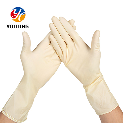 厂家直销12寸米黄色指麻乳胶手套 一次性手套 乳胶