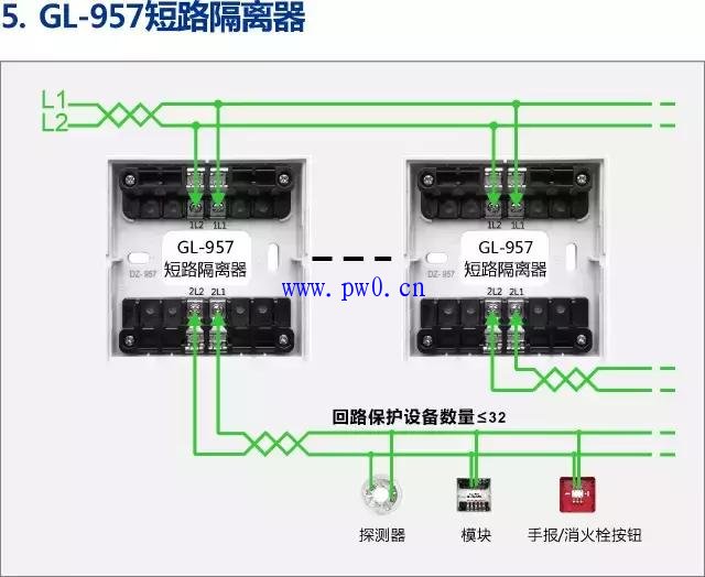 所以使用时即将gl-957型短路隔离器串接到所需要使用的总线回路中