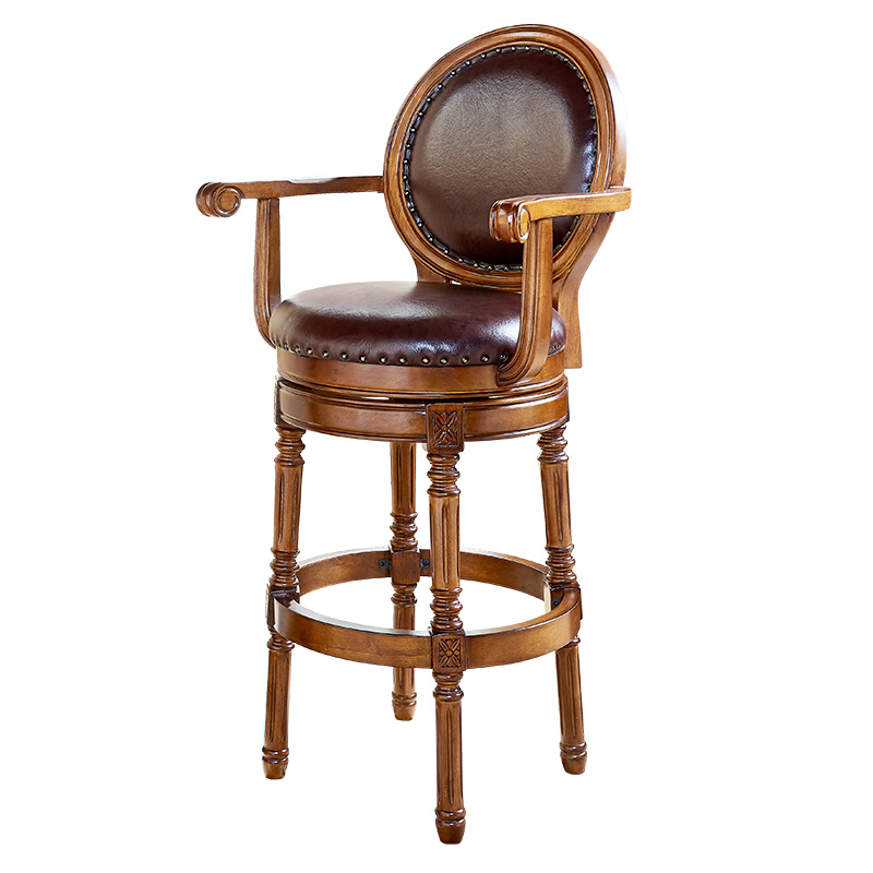 美式吧台椅实木吧椅欧式复古高脚凳靠背真皮旋转家用酒吧椅吧台凳