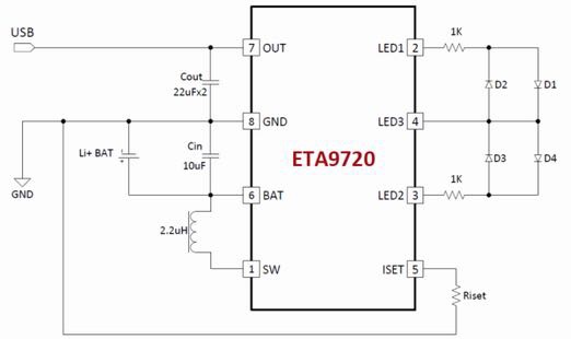 钰泰ETA9720, 四颗电量显示，支持3A充电充电可调1A放电