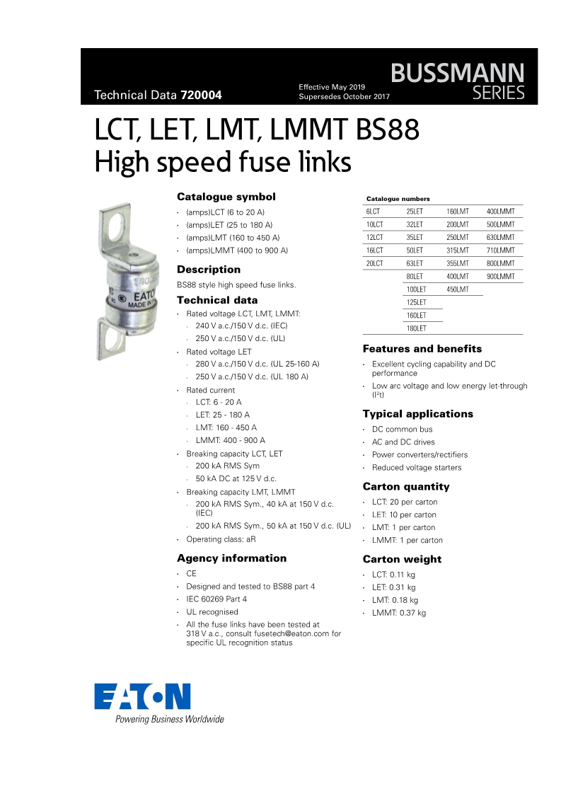 英标BS88快速熔断器LET系列160LET电压 240Vac