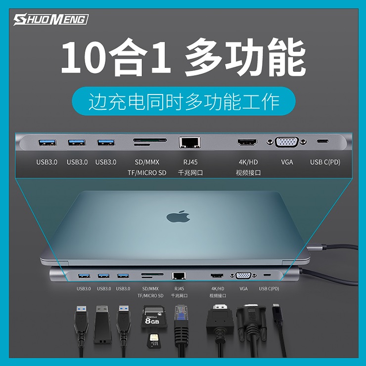 硕盟Type-C扩展坞SM-T67通用苹果MacBook电脑华为P30手机 USB-C转HDMI转换器 网口分线器转接头4K投屏拓展坞