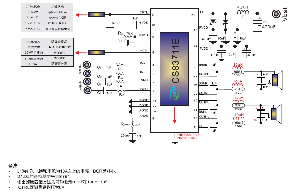 CS83711 两节锂电池7.4V供电内置升压2x16.5W双声道D类功放IC