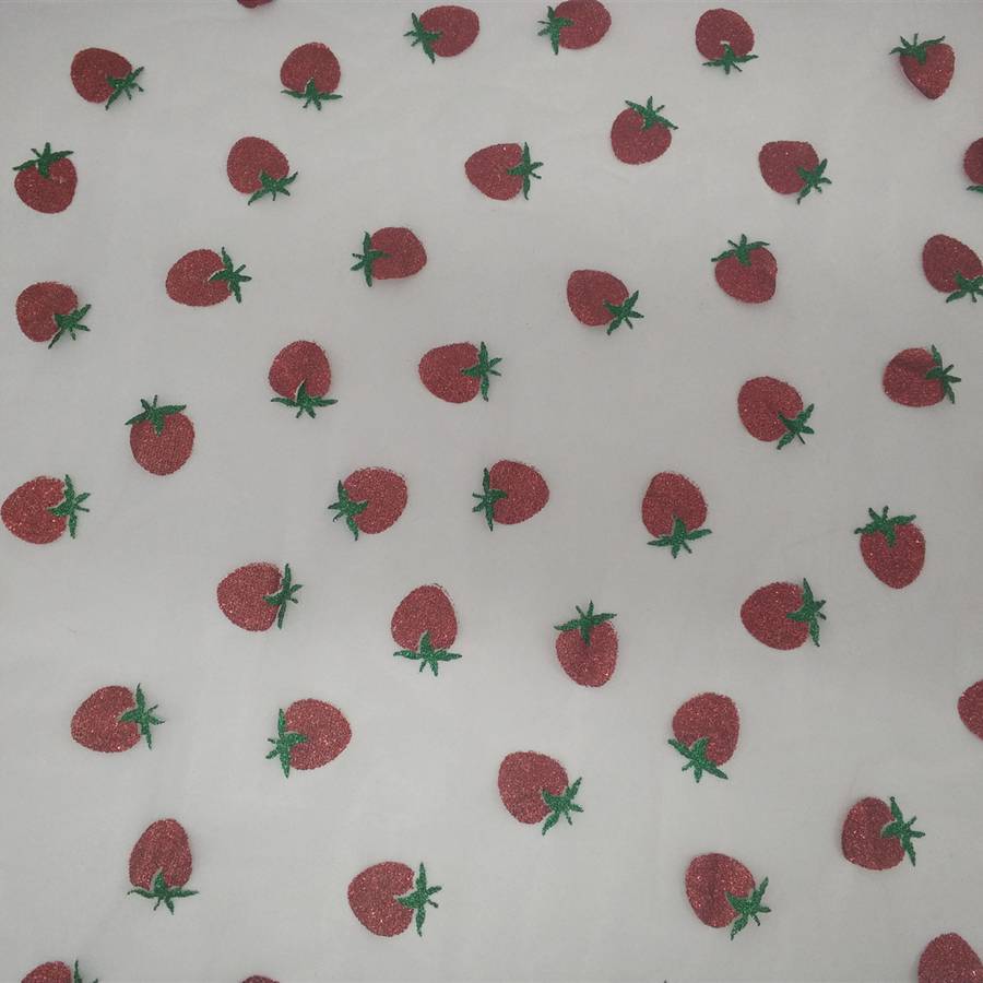 2020年新品网布印金草莓图案 特密美国网草莓印金 女装连衣裙面料