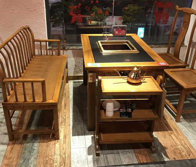 复古中式火锅桌，重庆火锅店桌椅，古典实木火锅台