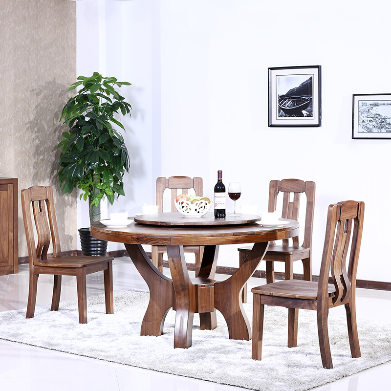 黑胡桃实木圆餐桌带转盘餐桌椅 现代简约小户型饭桌 别墅餐厅家具