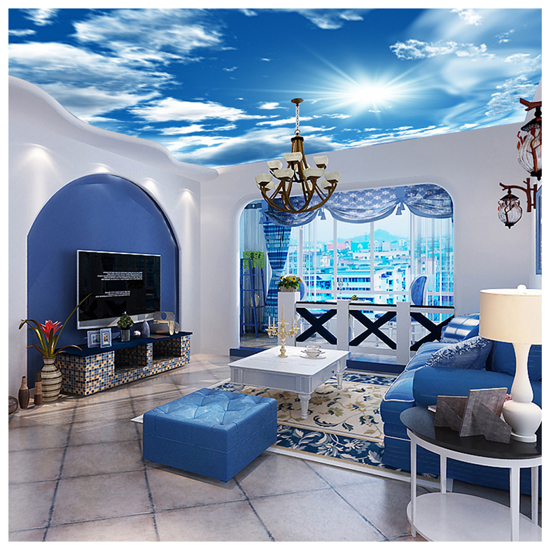 希腊爱琴海酒吧蓝天白云客厅电视背景墙纸酒店宾馆地中海墙纸壁画