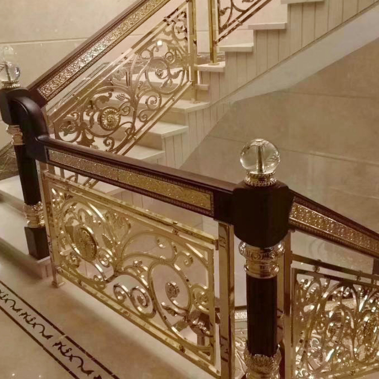 长汀铜艺楼梯扶手 沙金铜雕刻楼梯栏杆酒店安装图片