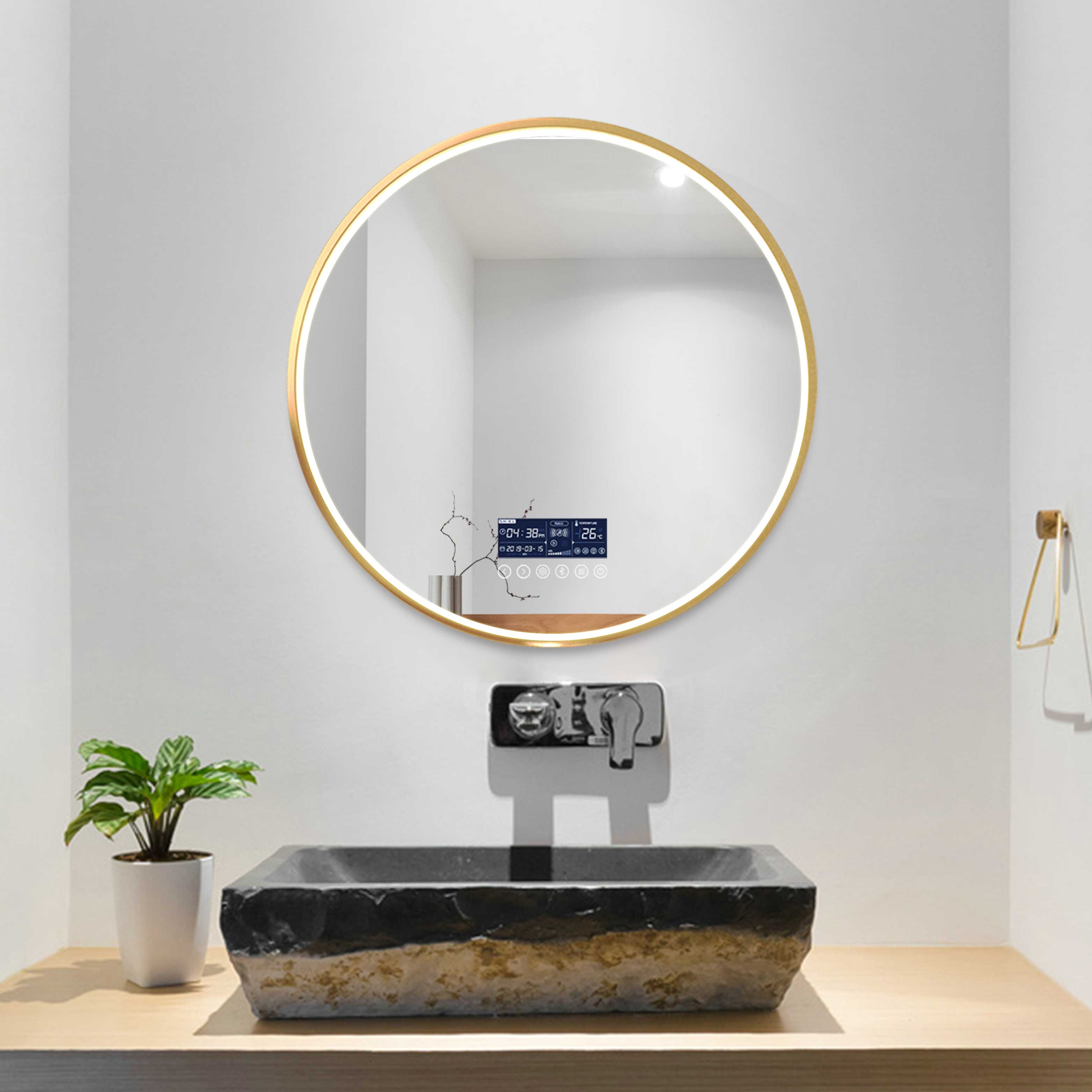 简艺智能镜金色铝包框镜子防雾蓝牙LED镜子酒店商场洗手间智能镜